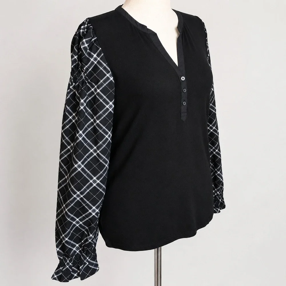 LOFT NEW Black Plaid Henley Mixed Media Blouson Shirt Top SZ Large Academia